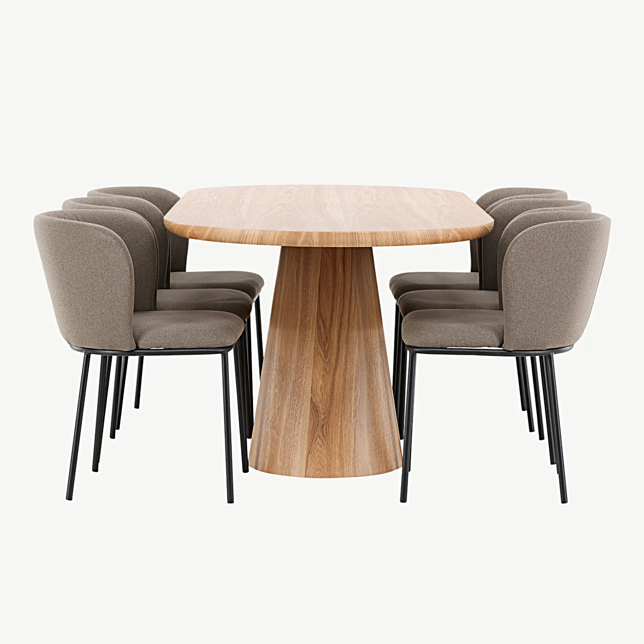 Ovaalne söögilauakomplekt Stjärnö (MDF, 200 × 90 cm) ja pruunid polsterdatud söögitoolid Edina (6 tk) - GR24714