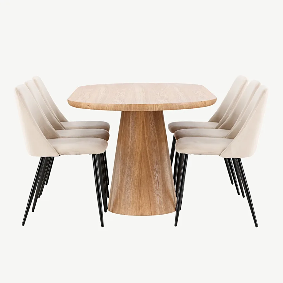 Stjärnö ovaalne söögilaud (MDF, looduslik) ja Night toolid (beež samet, mustad jalad), GR24715 – 2