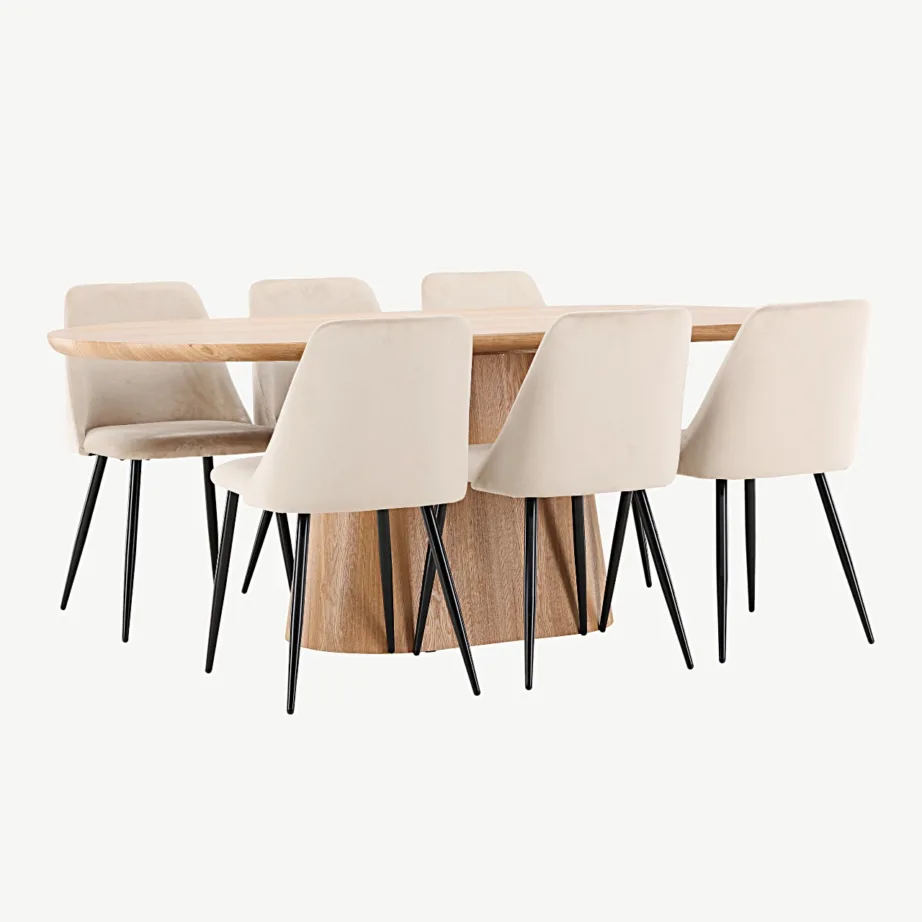 Stjärnö ovaalne söögilaud (MDF, looduslik) ja Night toolid (beež samet, mustad jalad), GR24715 – 3