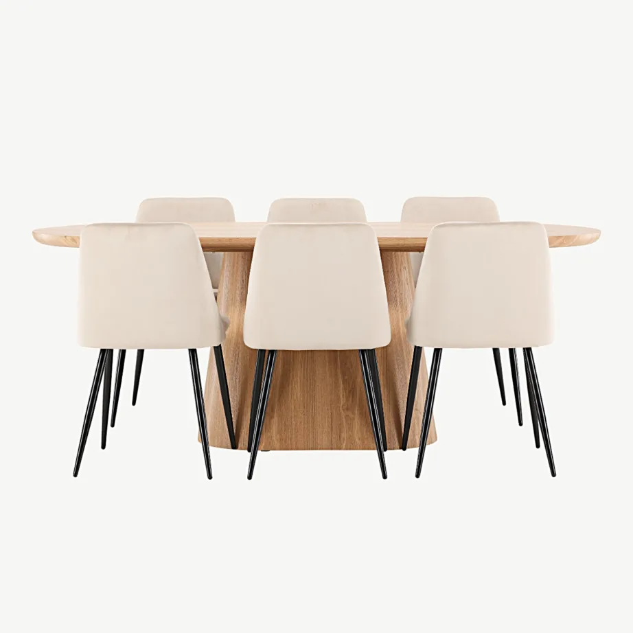 Stjärnö ovaalne söögilaud (MDF, looduslik) ja Night toolid (beež samet, mustad jalad), GR24715 – 4