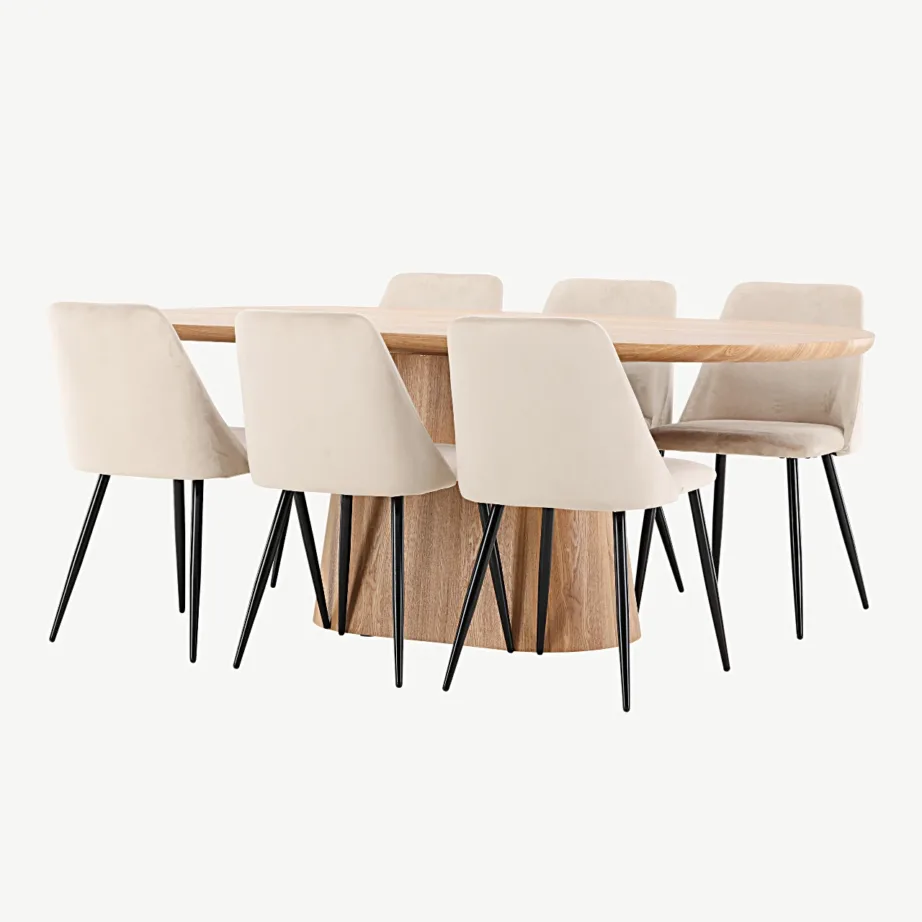 Stjärnö ovaalne söögilaud (MDF, looduslik) ja Night toolid (beež samet, mustad jalad), GR24715 – 5