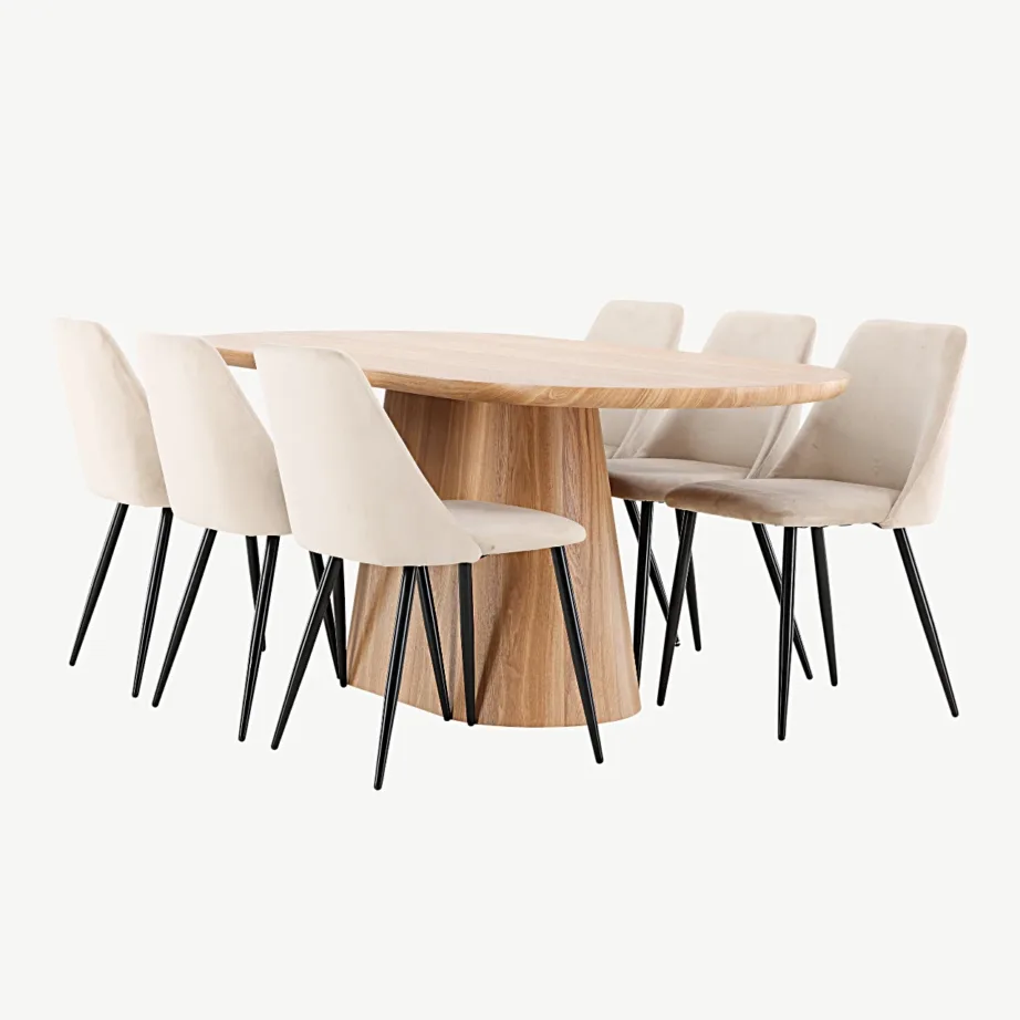 Stjärnö ovaalne söögilaud (MDF, looduslik) ja Night toolid (beež samet, mustad jalad), GR24715 – 6