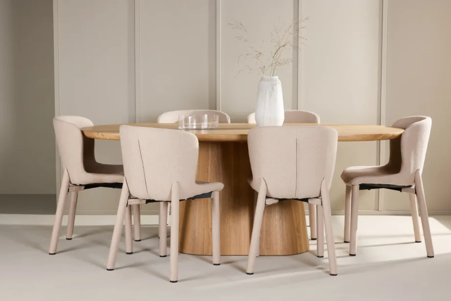 6-kohaline looduslikust MDF-ist Stjärnö söögilaud ja beežid bukleekangast Astoria toolid – söögigrupi komplekt, GR24717 – 8