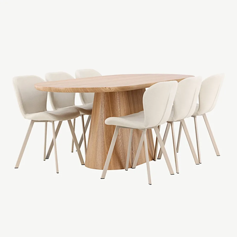 Söögilauakomplekt Stjärnö loodusliku MDF-lauaga ja 6 beeži Lilja tooli (200 × 90 cm), GR24718