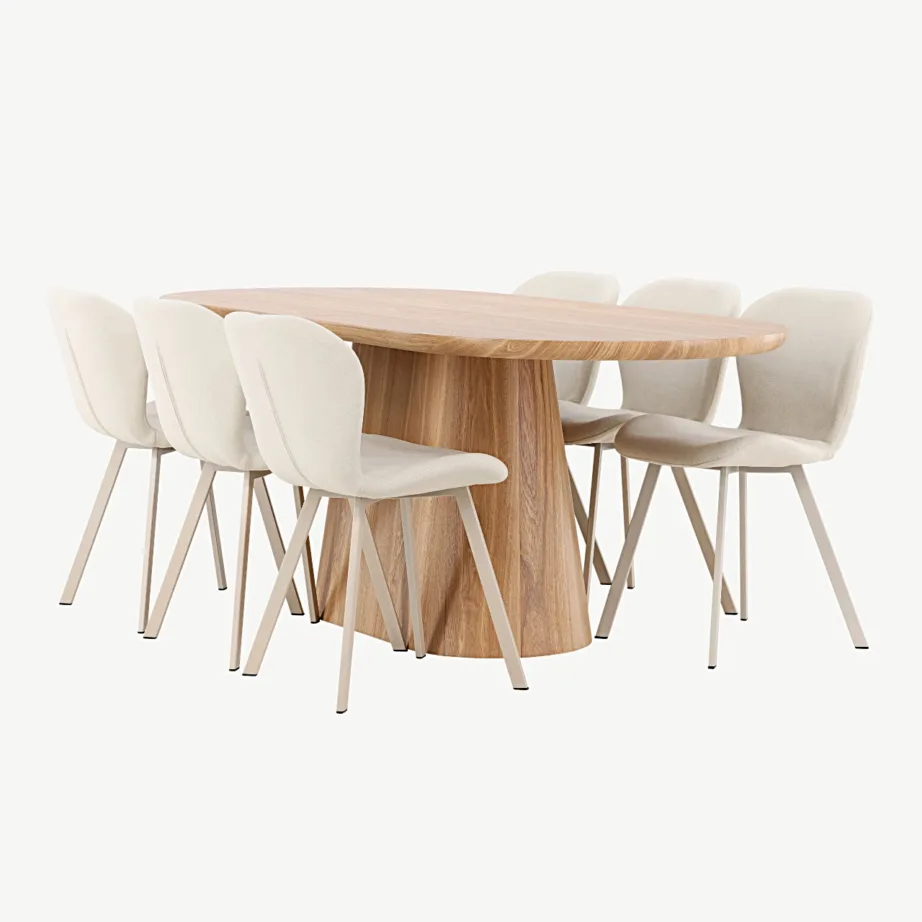Söögilauakomplekt Stjärnö loodusliku MDF-lauaga ja 6 beeži Lilja tooli (200 × 90 cm), GR24718 – 6