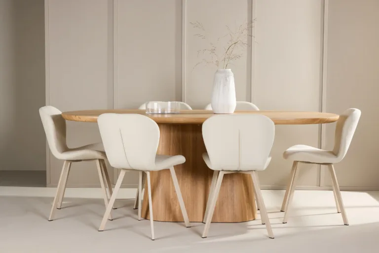 Söögilauakomplekt Stjärnö loodusliku MDF-lauaga ja 6 beeži Lilja tooli (200 × 90 cm) - GR24718