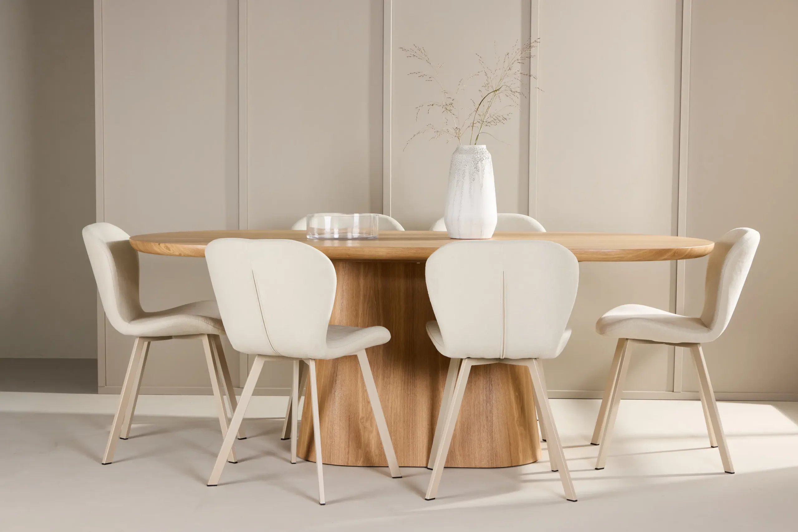 Söögilauakomplekt Stjärnö loodusliku MDF-lauaga ja 6 beeži Lilja tooli (200 × 90 cm) - GR24718