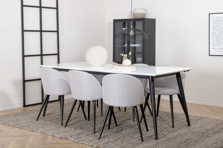 Pikendatav söögilauakomplekt Jimmy, valge HPL ja must teras, 6 halli Velvet-tooliga - GR22067