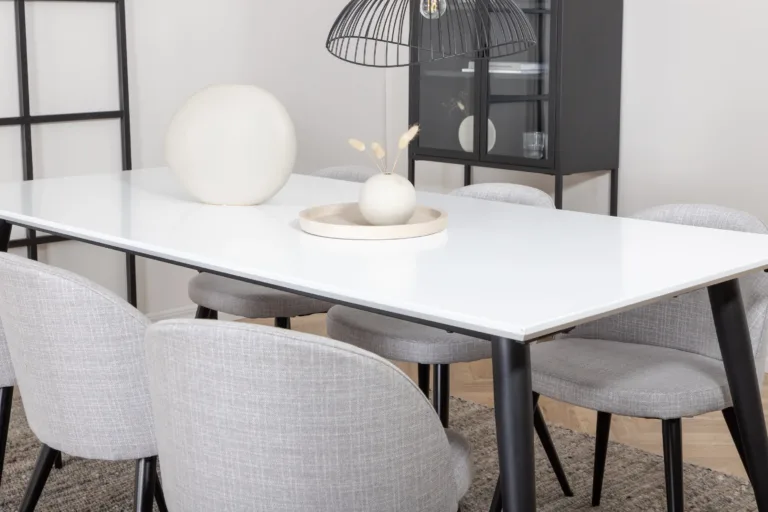 Pikendatav söögilauakomplekt Jimmy, valge HPL ja must teras, 6 halli Velvet-tooliga - GR22067