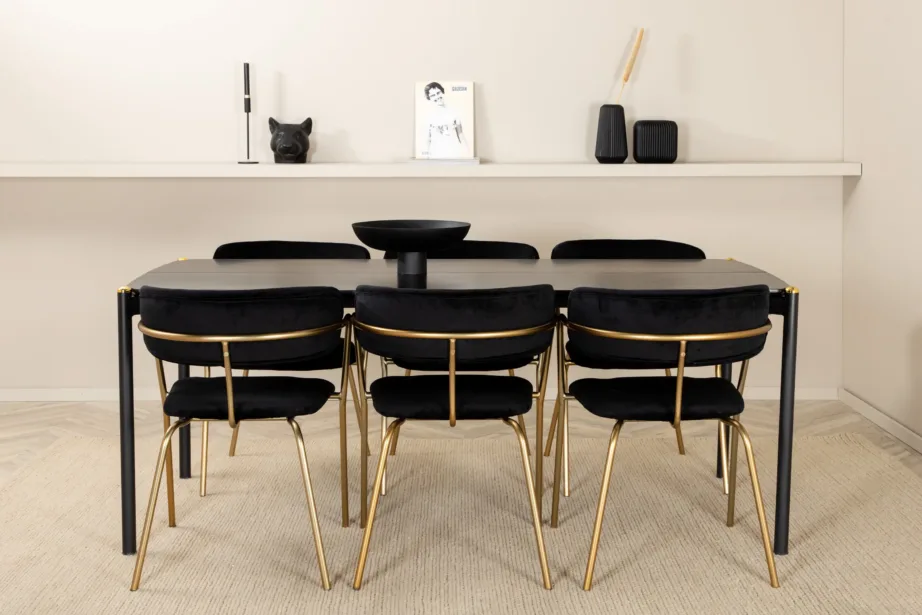Pelle ristkülikukujuline söögikomplekt musta MDF laua ja messingist jalgadega, 6 sametist tooli, GR22085
