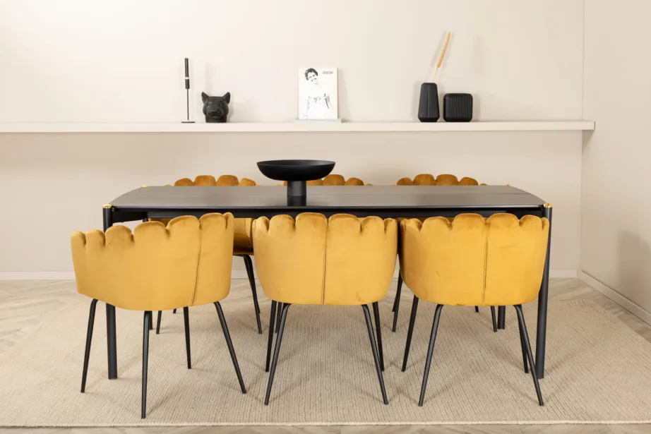 Pelle söögilaud musta spooniga ja 6 kollase sametist Limhamni tooli komplekt (190×90 cm), GR22087