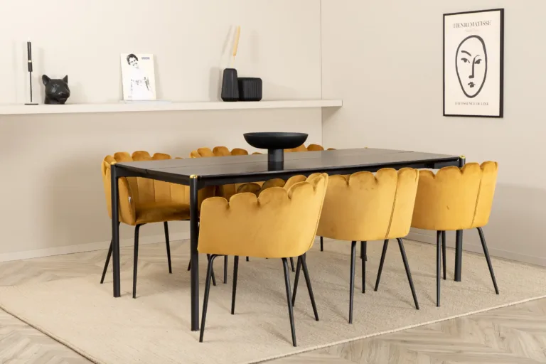 Pelle söögilaud musta spooniga ja 6 kollase sametist Limhamni tooli komplekt (190x90 cm) - GR22087