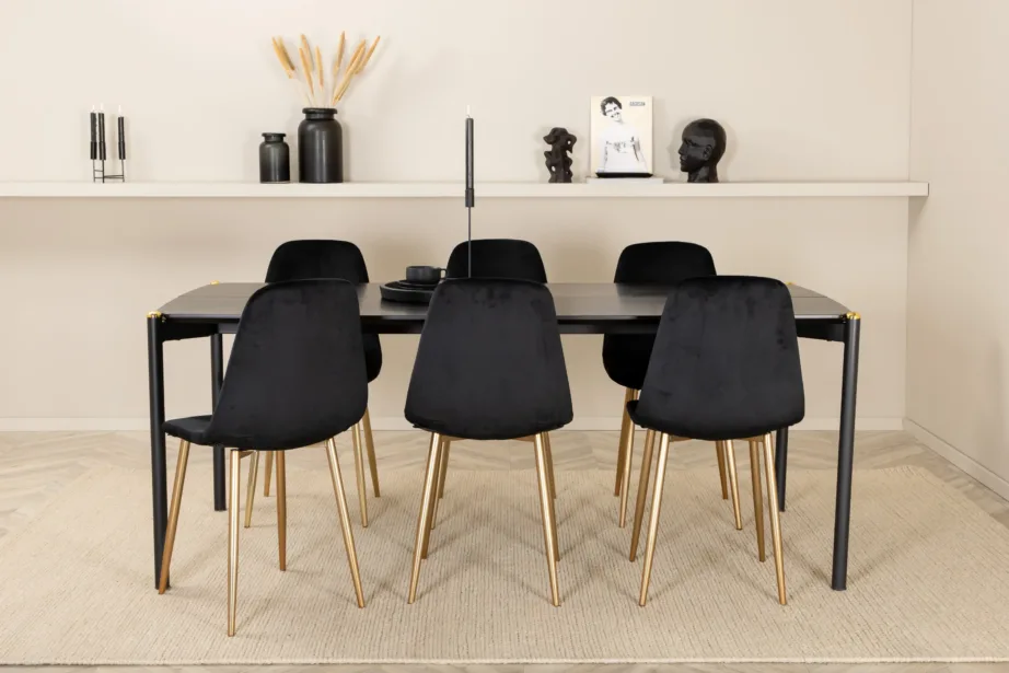 Pelle söögilaud musta viimistlusega ja 6 Polar sametist tooli messingudetailidega, GR22089