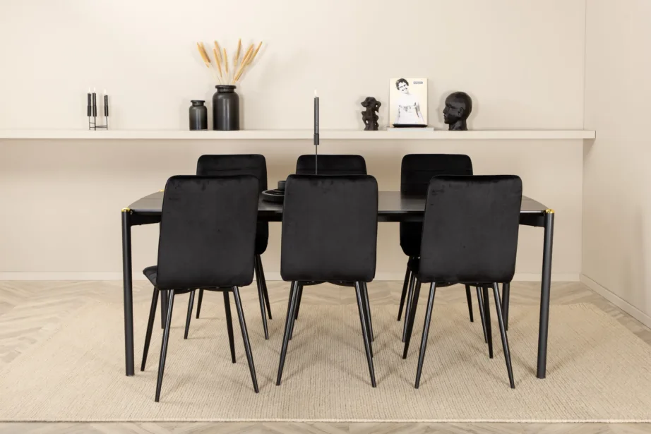 Must söögilaud Pelle ja 6 Windu polsterdatud tooli (samet, must, metalljalgadel), GR22094