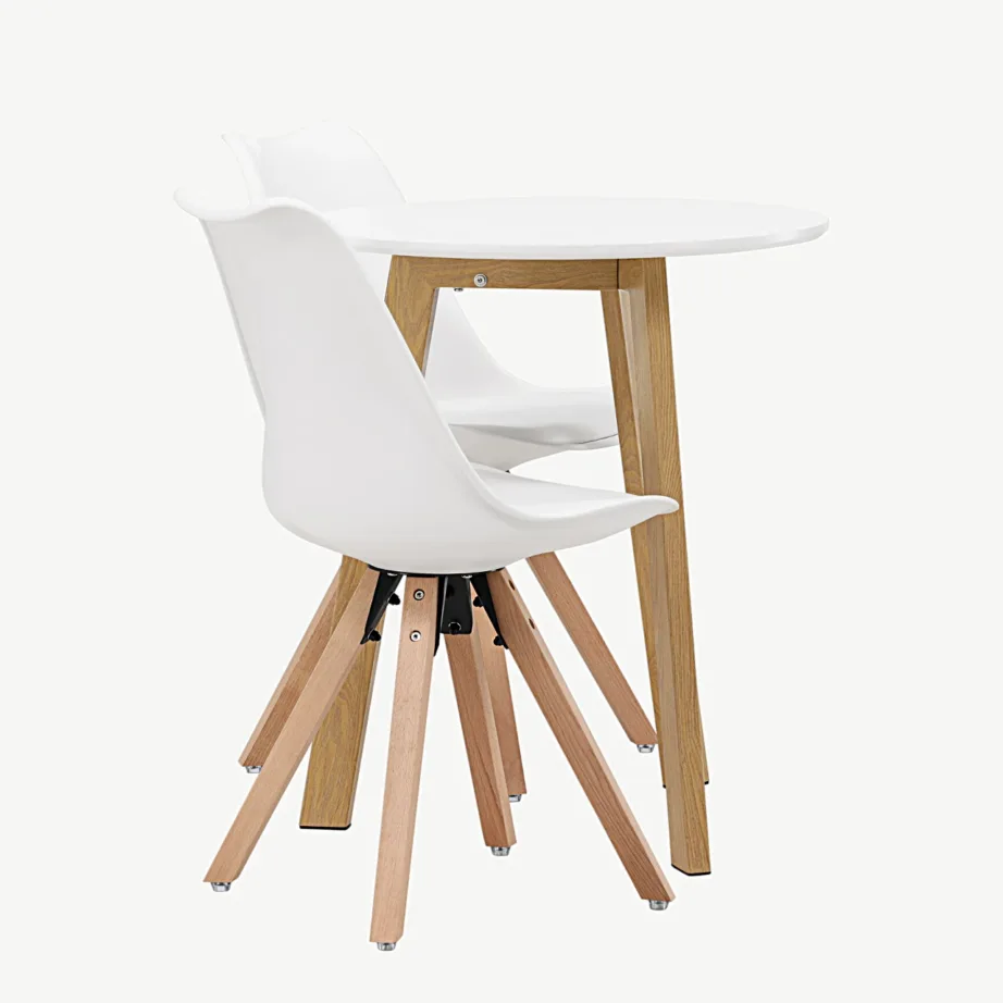 Ümmargune söögilauakomplekt Leonora valge MDF lauaga ja valgete Zeno toolidega (2-le, tammepuidu imitatsioon), GR23502 – 2