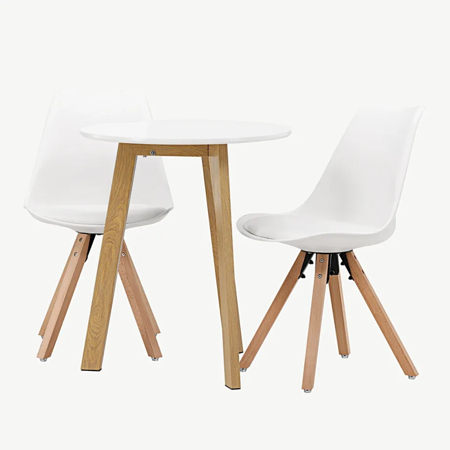 Ümmargune söögilauakomplekt Leonora valge MDF lauaga ja valgete Zeno toolidega (2-le, tammepuidu imitatsioon), GR23502 – 5