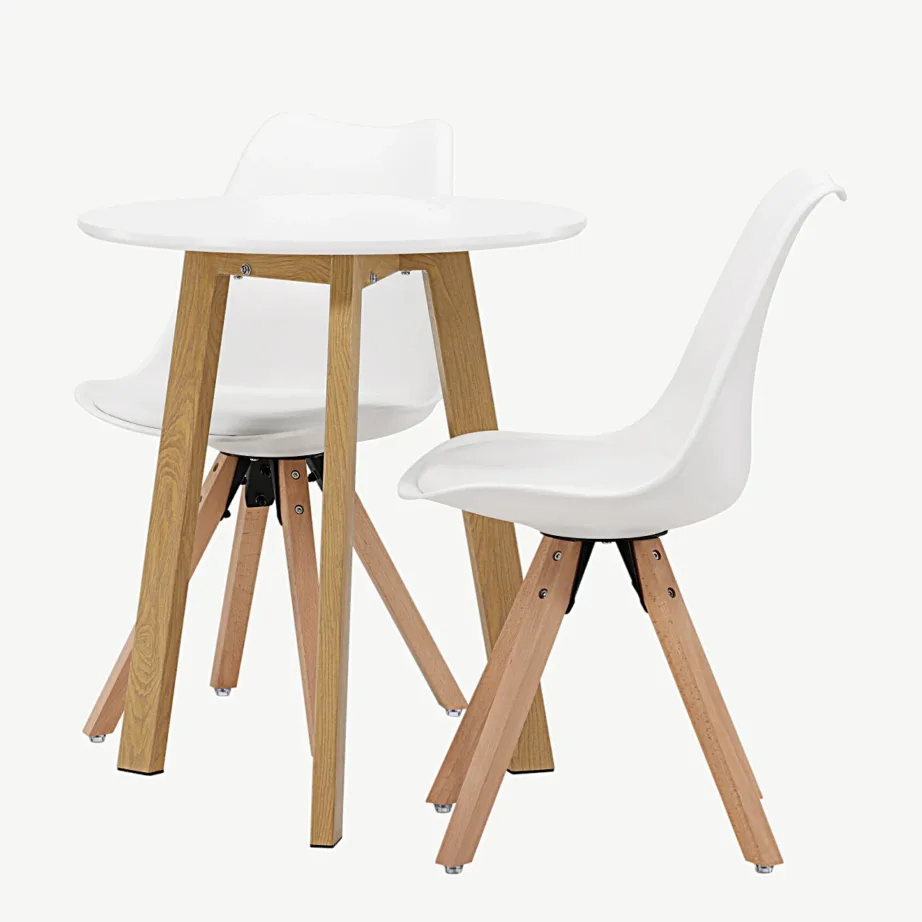 Ümmargune söögilauakomplekt Leonora valge MDF lauaga ja valgete Zeno toolidega (2-le, tammepuidu imitatsioon), GR23502 – 6