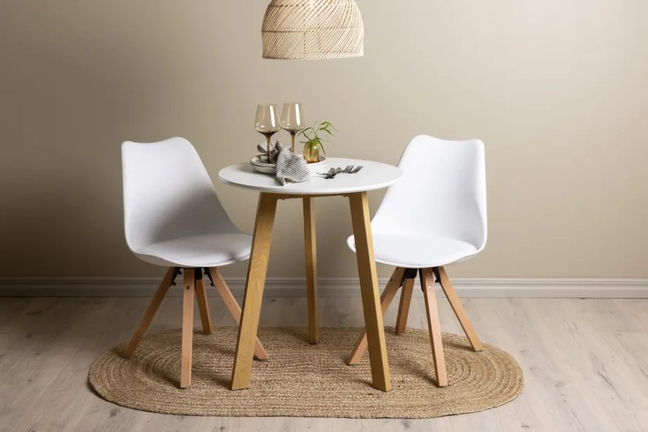 Ümmargune söögilauakomplekt Leonora valge MDF lauaga ja valgete Zeno toolidega (2-le, tammepuidu imitatsioon), GR23502 – 8
