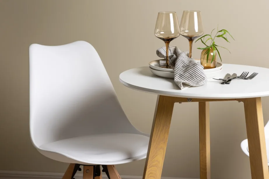 Ümmargune söögilauakomplekt Leonora valge MDF lauaga ja valgete Zeno toolidega (2-le, tammepuidu imitatsioon), GR23502 – 9