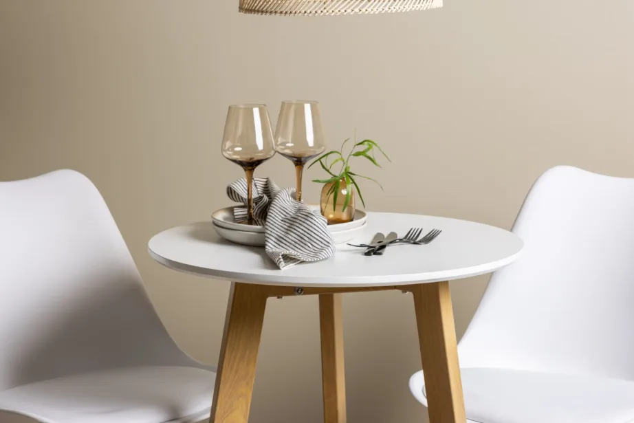 Ümmargune söögilauakomplekt Leonora valge MDF lauaga ja valgete Zeno toolidega (2-le, tammepuidu imitatsioon), GR23502 – 10