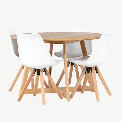 Ümmargune söögikomplekt Yakidon lauaga ja valgete Zeno toolidega (MDF, kummipuu, Ø120 cm) - GR23877