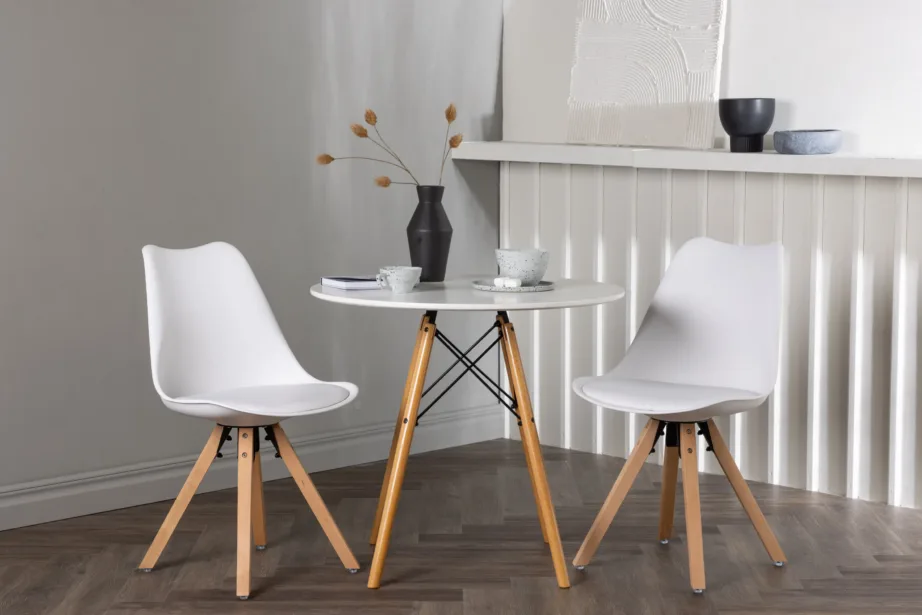 Ümmarguse valge söögilaua Danburi komplekt kahe Zeno tooliga (valge MDF, pöögipuit, ø60 cm), GR23905 – 8