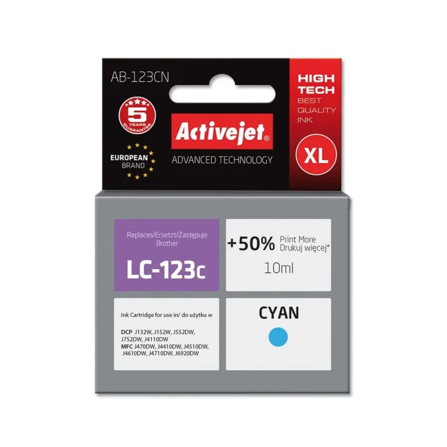 Activejet AB-123CN Supreme 10 ml tsüaansinine XL ühilduv tindikassett Brother LC123C/LC121C printeritele