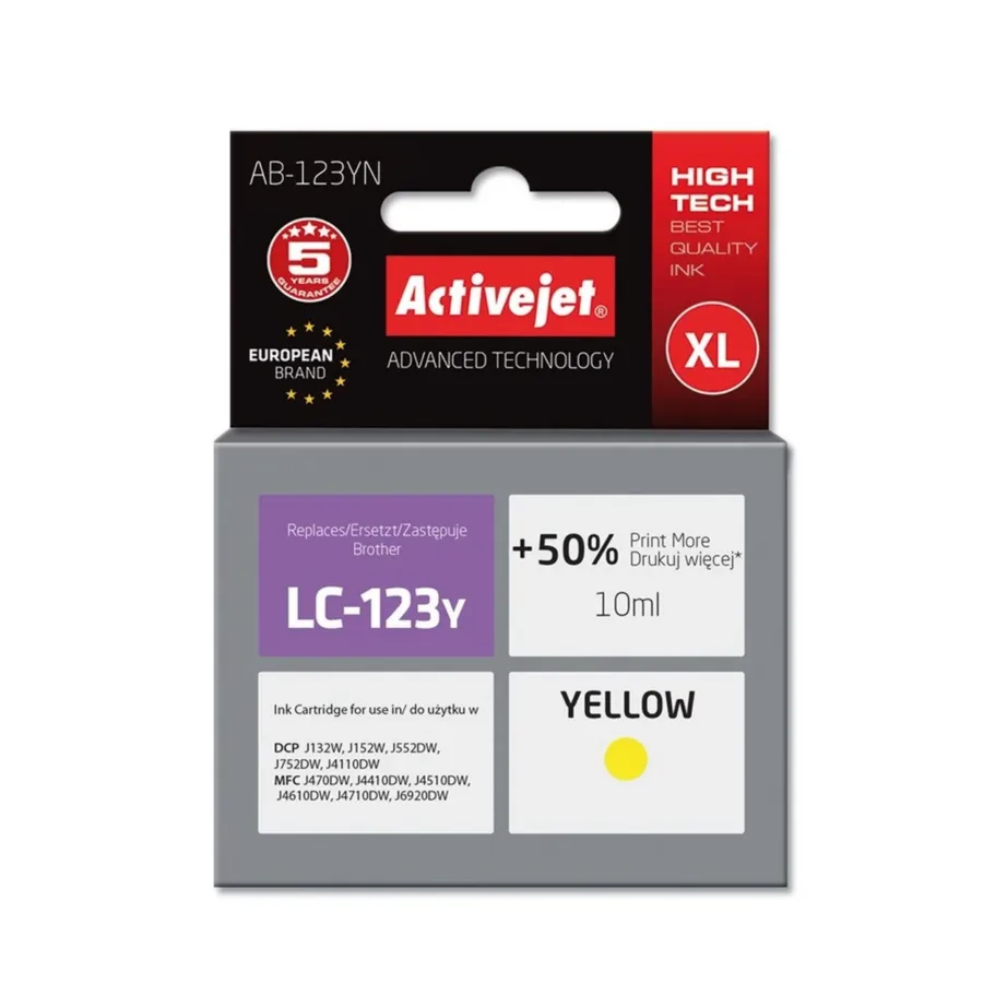 Activejet AB-123YN 10 ml kollane XL tindikassett Brother LC123Y/121Y jaoks, dye-tint, ühilduv DCP/MFC printeritega