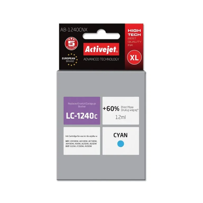 Activejet AB-1240CNX 12 ml XL tsüaansinine tindikassett Brother LC1220C/LC1240C ühilduvatele printeritele