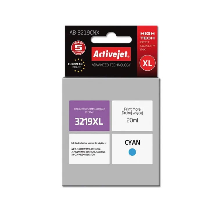 Activejet AB-3219CNX 20 ml XL tsüaantindi kassett Brother LC3219C asenduseks, kiibiga, sobib MFC J-seeria tindiprinteritele