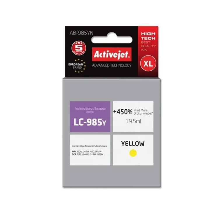 Activejet AB-985YN 19,5 ml XL kollane tindikassett Brother LC985Y asenduseks, ühilduv Brother MFC/DCP printeritega
