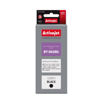 Activejet AB-D60Bk 100 ml must dye-tintpudel Brother printeritele (BT-D60Bk asendus, Supreme seeria, XL-maht)