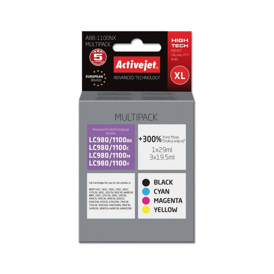 Activejet ABB-1100NX XL tindikassettide komplekt Brother LC1100/LC980-le, 4 tk (1 × 29 ml must, 3 × 19,5 ml värvilist), ühilduv DCP/MFC printeritega