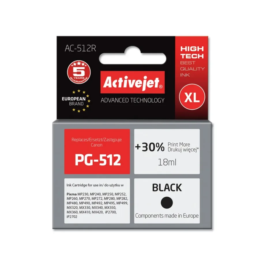 Activejet AC-512R 18 ml must XL pigmenttindikassett Canon PG-512 asenduseks (ühilduv Canon PIXMA printeritega)