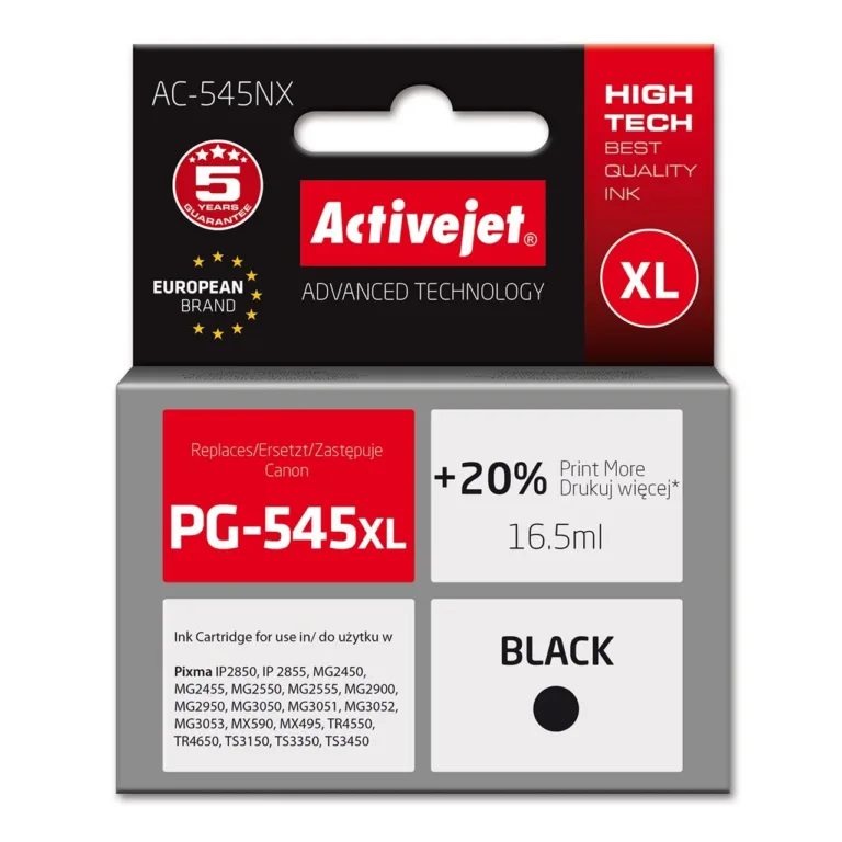 Activejet AC-545NX 16,5 ml must XL pigmenttindikassett Canon PG-545XL asenduseks, ühilduvus Pixma printeritega