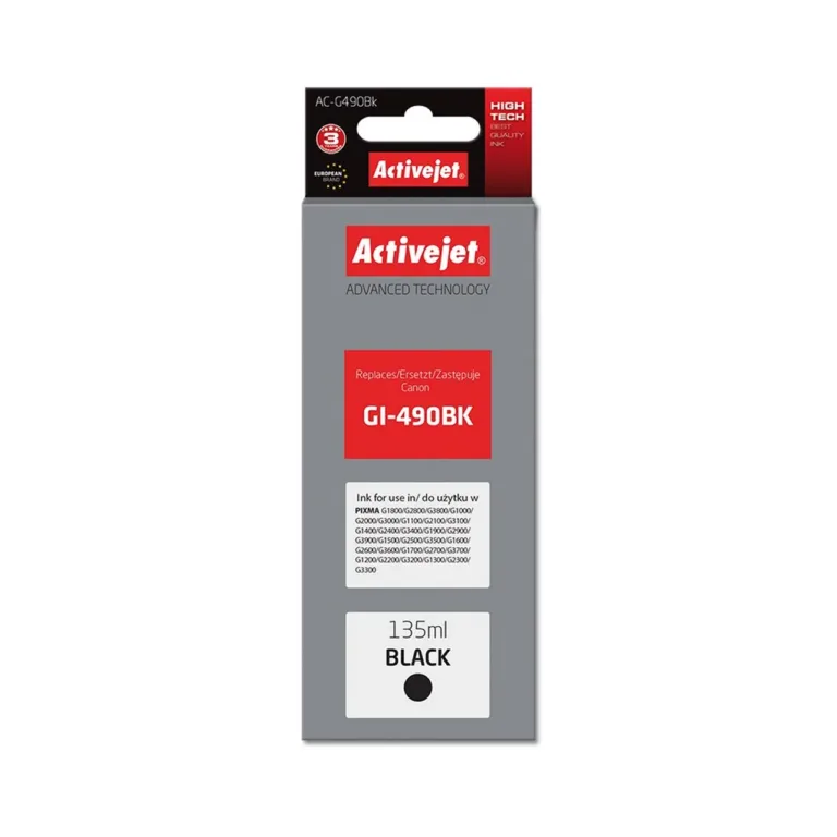 Activejet AC-G490Bk 135 ml pigmentmust tindipudel Canon GI-490BK asenduseks Canon PIXMA printeritele