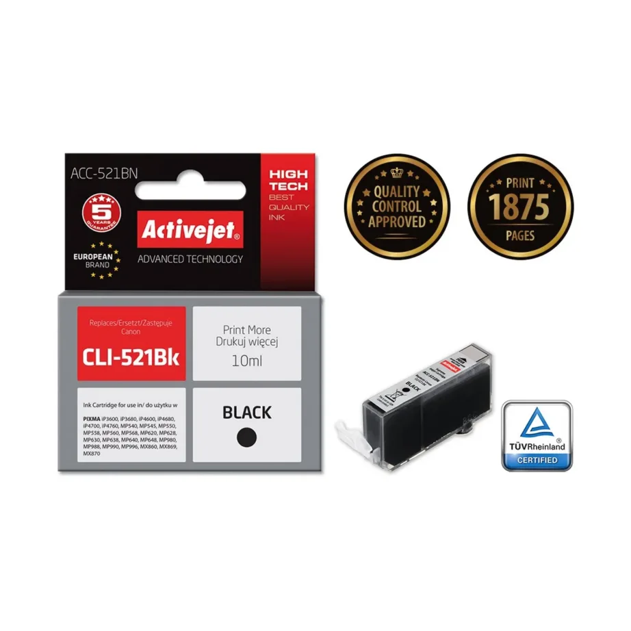 Activejet ACC-521BN 10 ml XL must pigmenttindikassett Canon PIXMA (CLI-521Bk asendus, kiibiga, ühilduvus: iP/MP/MX seeria)