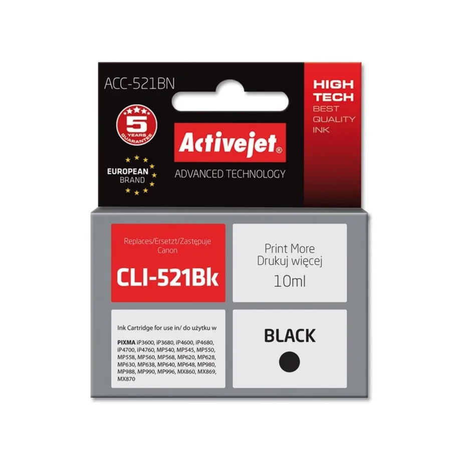 Activejet ACC-521BN 10 ml XL must pigmenttindikassett Canon PIXMA (CLI-521Bk asendus, kiibiga, ühilduvus: iP/MP/MX seeria)