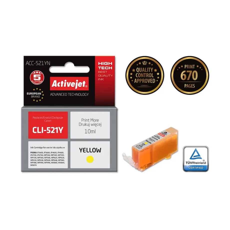 Activejet ACC-521YN 10 ml kollane ühilduv tindikassett (asendab Canon CLI-521Y) Canon PIXMA printeritele