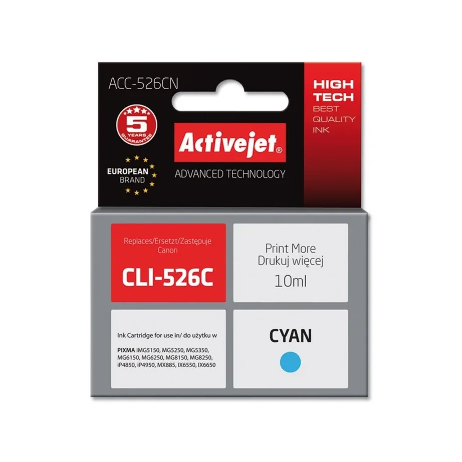 Activejet ACC-526CN 10 ml tsüaan (asendus Canon CLI-526C) tindikassett Canon PIXMA printeritele