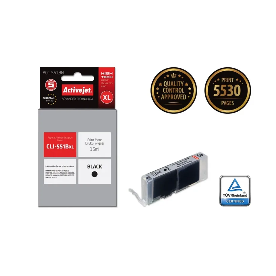 Activejet ACC-551BN 15 ml XL must ühilduv tindikassett Canon CLI-551Bk jaoks, kiibiga, 1 tk, Canon PIXMA printeritele