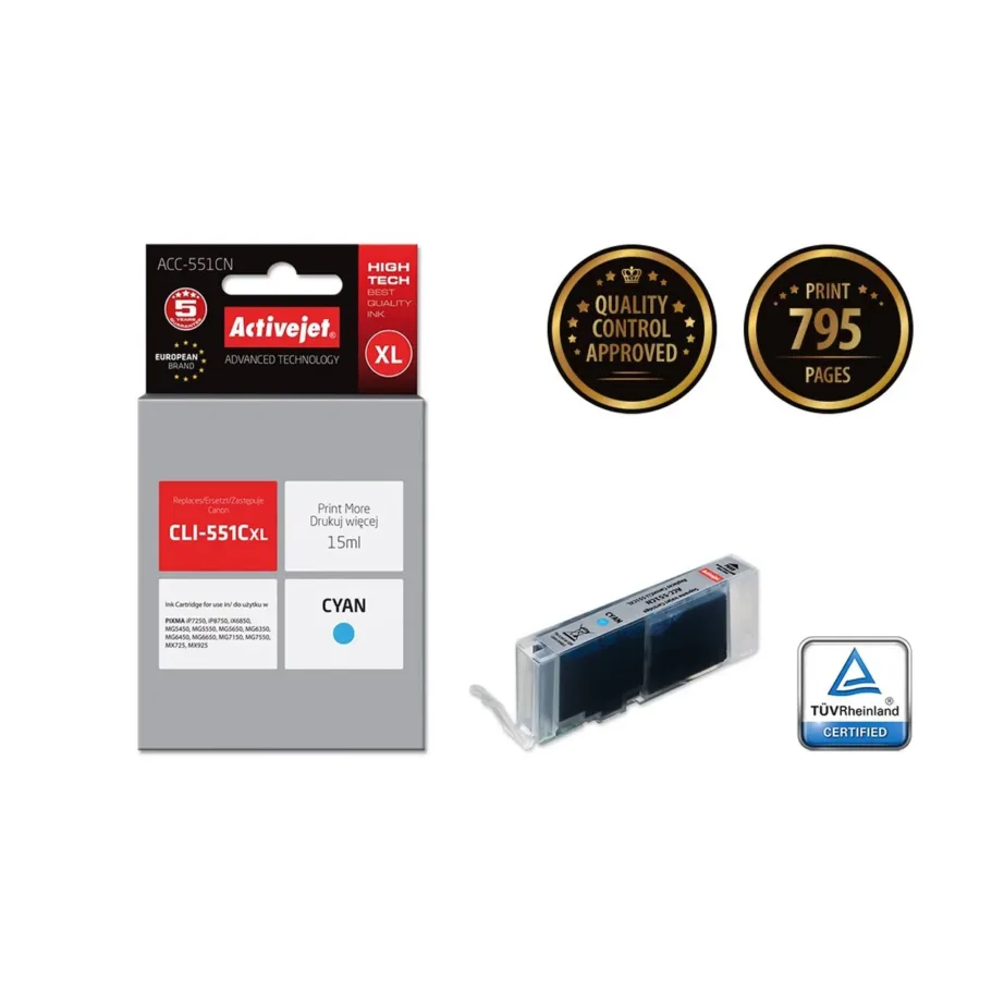Activejet ACC-551CN 15 ml XL tsüaansinine tindikassett Canon PIXMA iP/MG/MX printeritele (asendab Canon CLI-551C, kiibiga, dye-tint)