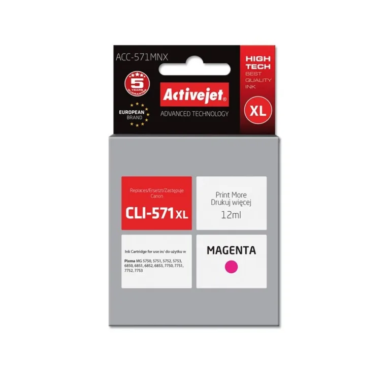 Activejet ACC-571MNX 12 ml XL magenta tindikassett, Canon CLI-571M XL asendus, sobib Canon PIXMA printeritele