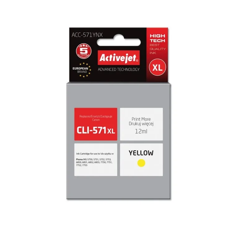Activejet ACC-571YNX 12 ml XL kollane tindikassett Canon PIXMA printeritele (asendab Canon CLI-571Y XL, kiibiga, ühilduvus: MG5750–TS9055)