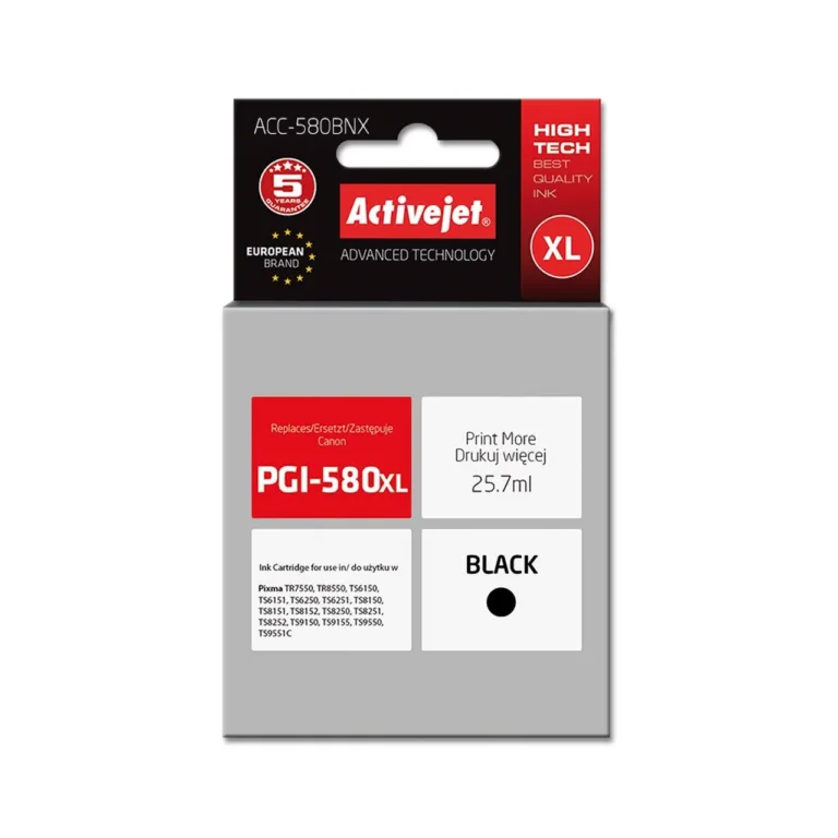 Activejet ACC-580BNX 25,7 ml pigmendimust XL tindikassett Canon PGI-580Bk XL asenduseks, ühilduv Pixma printeritele
