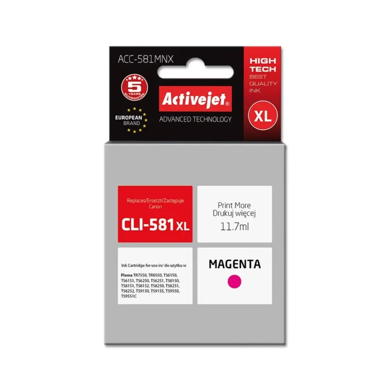 Activejet ACC-581MNX 11,7 ml XL magenta tindikassett Canon CLI-581M XL asenduseks, ühilduv Canon Pixma printeritega