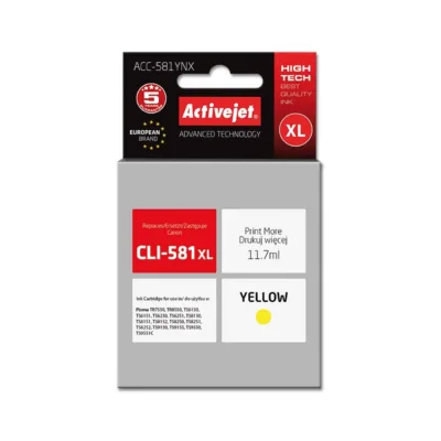 Activejet ACC-581YNX Supreme 11,7 ml XL kollane tindikassett (asendab Canon CLI-581Y XL, dye-tint, 875 lehte, Canon Pixma jaoks)
