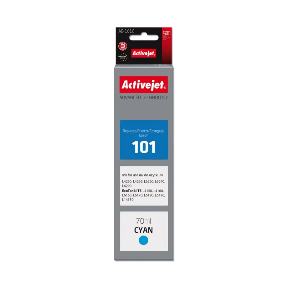 Activejet AE-101C Supreme 70 ml tsüaansinine tindipudel Epson 101 asenduseks, ühilduv Epson EcoTank printeritega