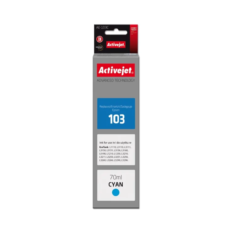 Activejet AE-103C 70 ml tsüaan tooniga dye-tindipudel (asendus Epson 103 C13T00S24A-le) Epson EcoTank printeritele