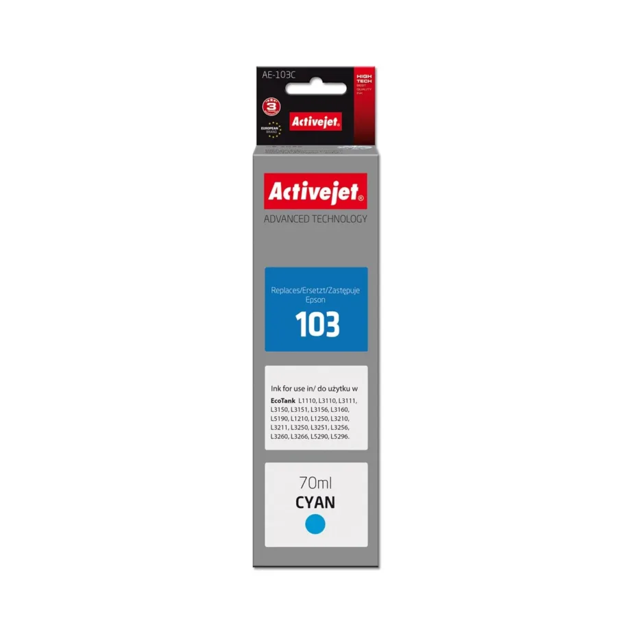 Activejet AE-103C 70 ml tsüaan tooniga dye-tindipudel (asendus Epson 103 C13T00S24A-le) Epson EcoTank printeritele